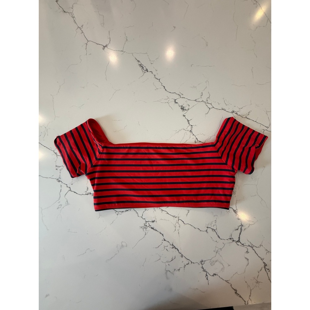MICHAEL Michael Kors Striped Bikini Top Size M Red Navy Short Sleeve Swim